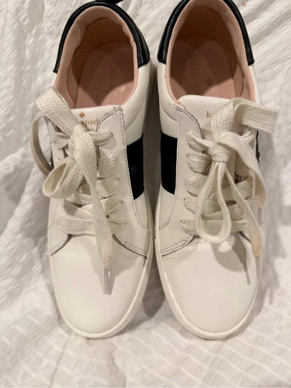 kate spade White Leather Sneakers with Black Stripe and Pink Lining